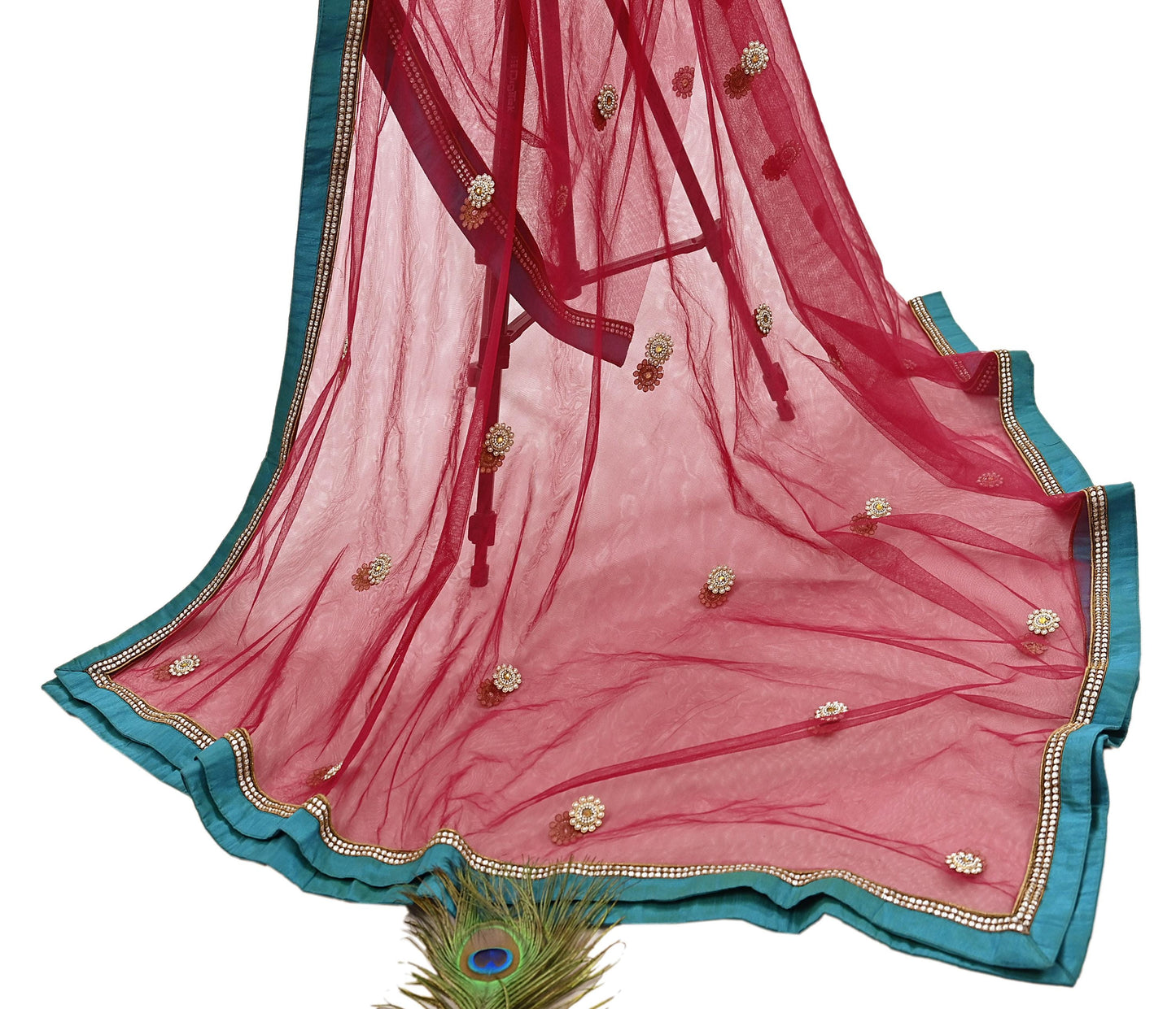 Indian Vintage Heavy Bridal Dupatta Red Net Mesh Long Stole Hand Embroidered Scarves  Patti Wedding/Party Wear