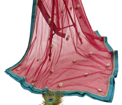 Indian Vintage Heavy Bridal Dupatta Red Net Mesh Long Stole Hand Embroidered Scarves  Patti Wedding/Party Wear