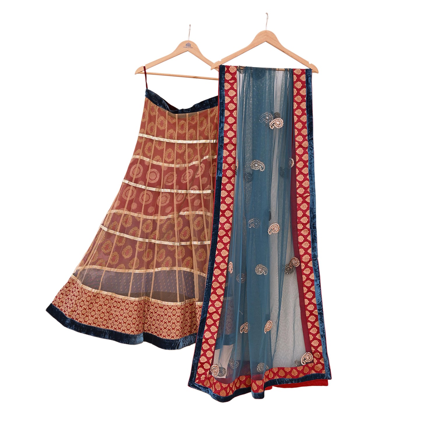 Indian Vintage Multti & Teal Blue Net/Mesh Hand Embroidered Lehenga 2pcs Set Bridal Party Wear With Dupatta Bollywood Lehenga Zardozi/ Dabka