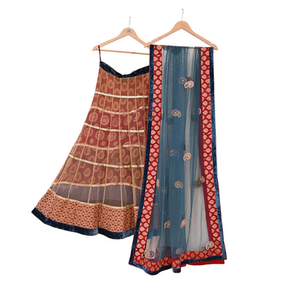 Indian Vintage Multti & Teal Blue Net/Mesh Hand Embroidered Lehenga 2pcs Set Bridal Party Wear With Dupatta Bollywood Lehenga Zardozi/ Dabka