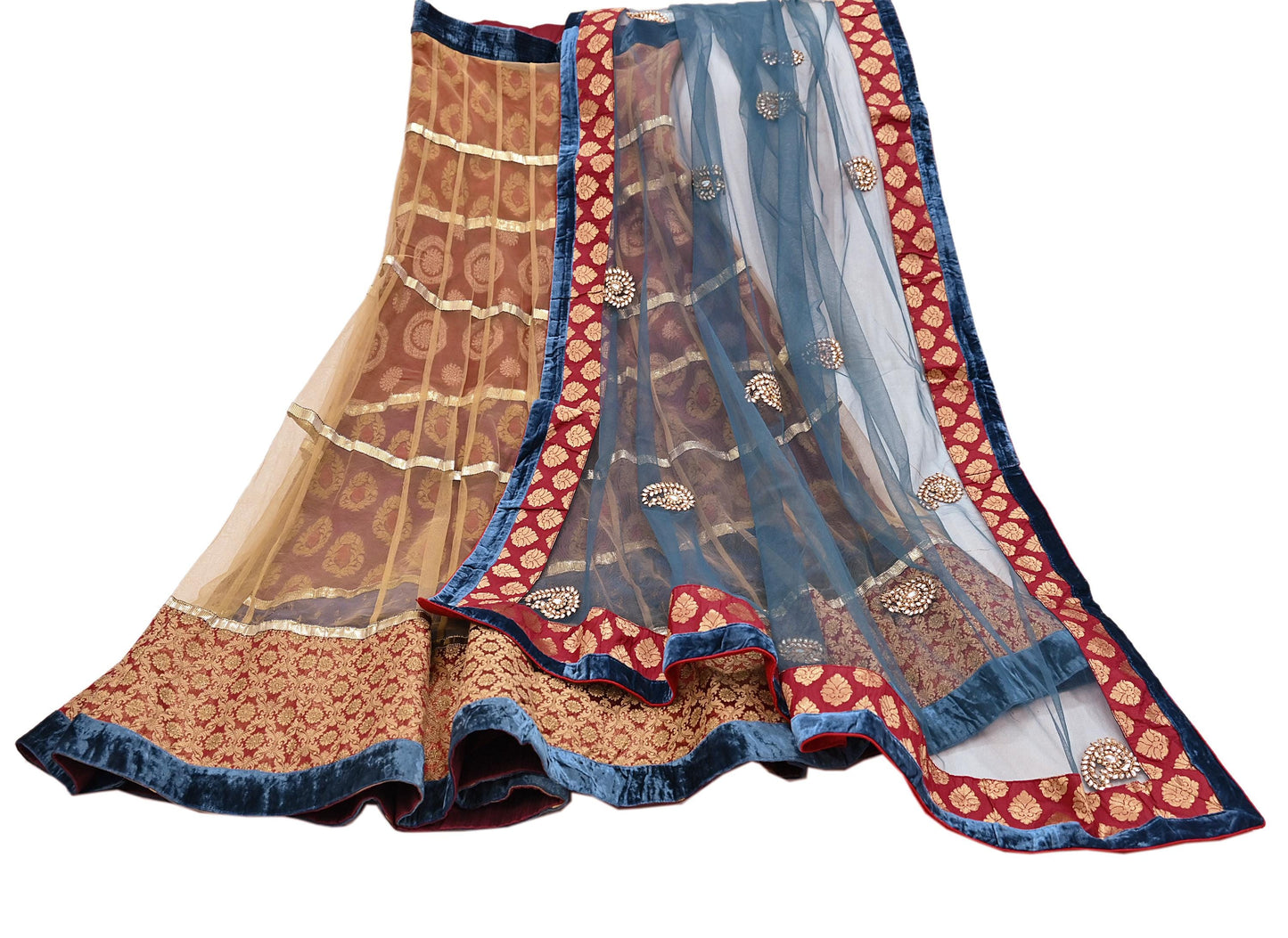 Indian Vintage Multti & Teal Blue Net/Mesh Hand Embroidered Lehenga 2pcs Set Bridal Party Wear With Dupatta Bollywood Lehenga Zardozi/ Dabka
