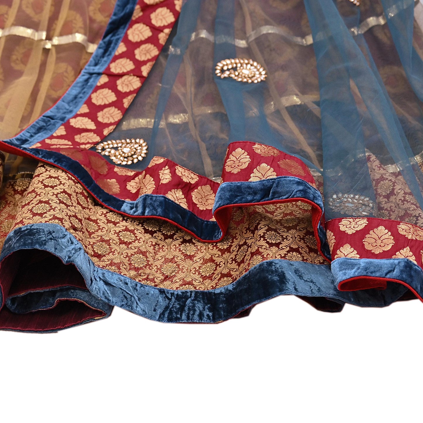 Indian Vintage Multti & Teal Blue Net/Mesh Hand Embroidered Lehenga 2pcs Set Bridal Party Wear With Dupatta Bollywood Lehenga Zardozi/ Dabka