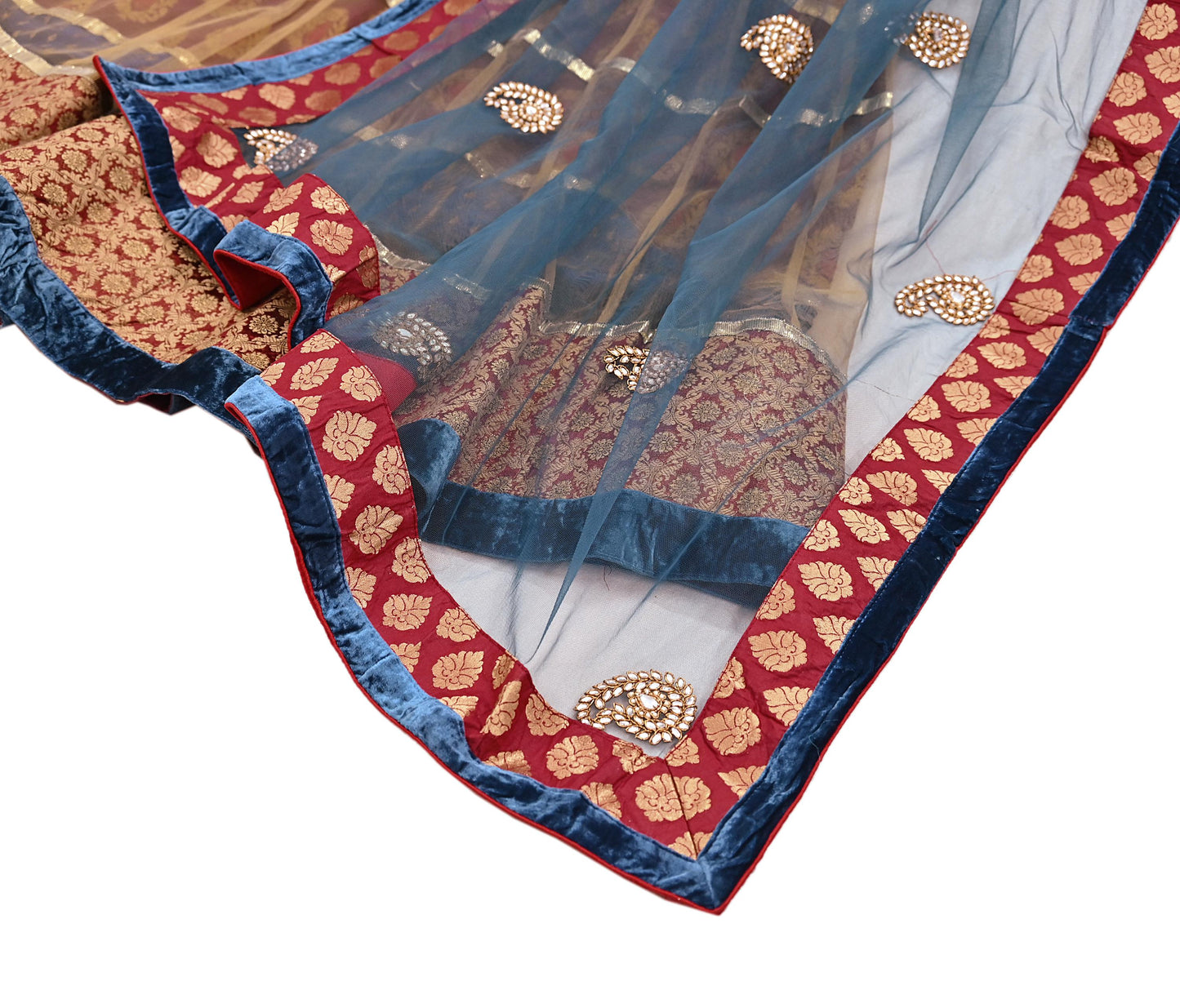Indian Vintage Multti & Teal Blue Net/Mesh Hand Embroidered Lehenga 2pcs Set Bridal Party Wear With Dupatta Bollywood Lehenga Zardozi/ Dabka