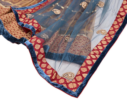 Indian Vintage Multti & Teal Blue Net/Mesh Hand Embroidered Lehenga 2pcs Set Bridal Party Wear With Dupatta Bollywood Lehenga Zardozi/ Dabka