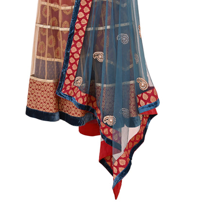 Indian Vintage Multti & Teal Blue Net/Mesh Hand Embroidered Lehenga 2pcs Set Bridal Party Wear With Dupatta Bollywood Lehenga Zardozi/ Dabka