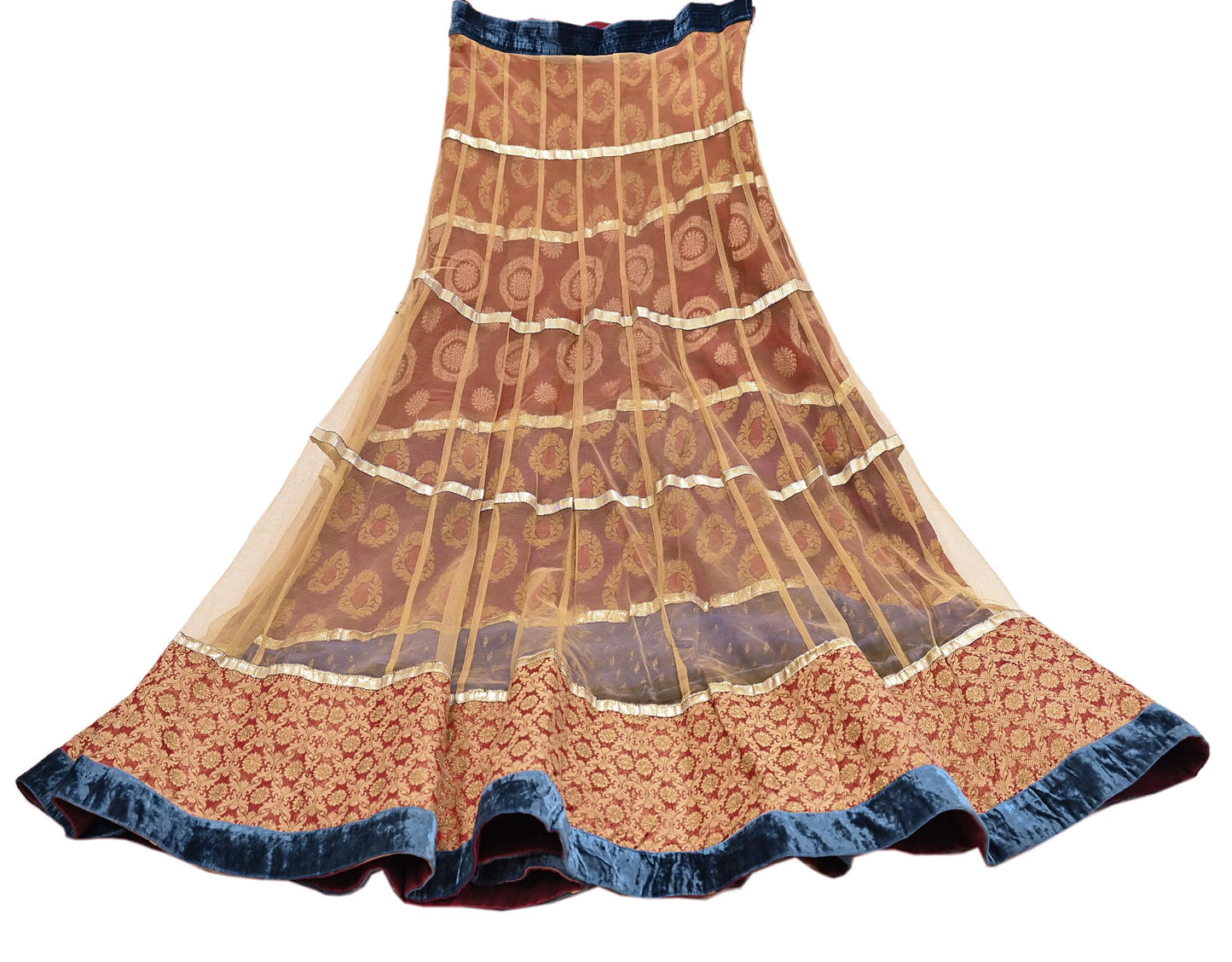 Indian Vintage Multti & Teal Blue Net/Mesh Hand Embroidered Lehenga 2pcs Set Bridal Party Wear With Dupatta Bollywood Lehenga Zardozi/ Dabka