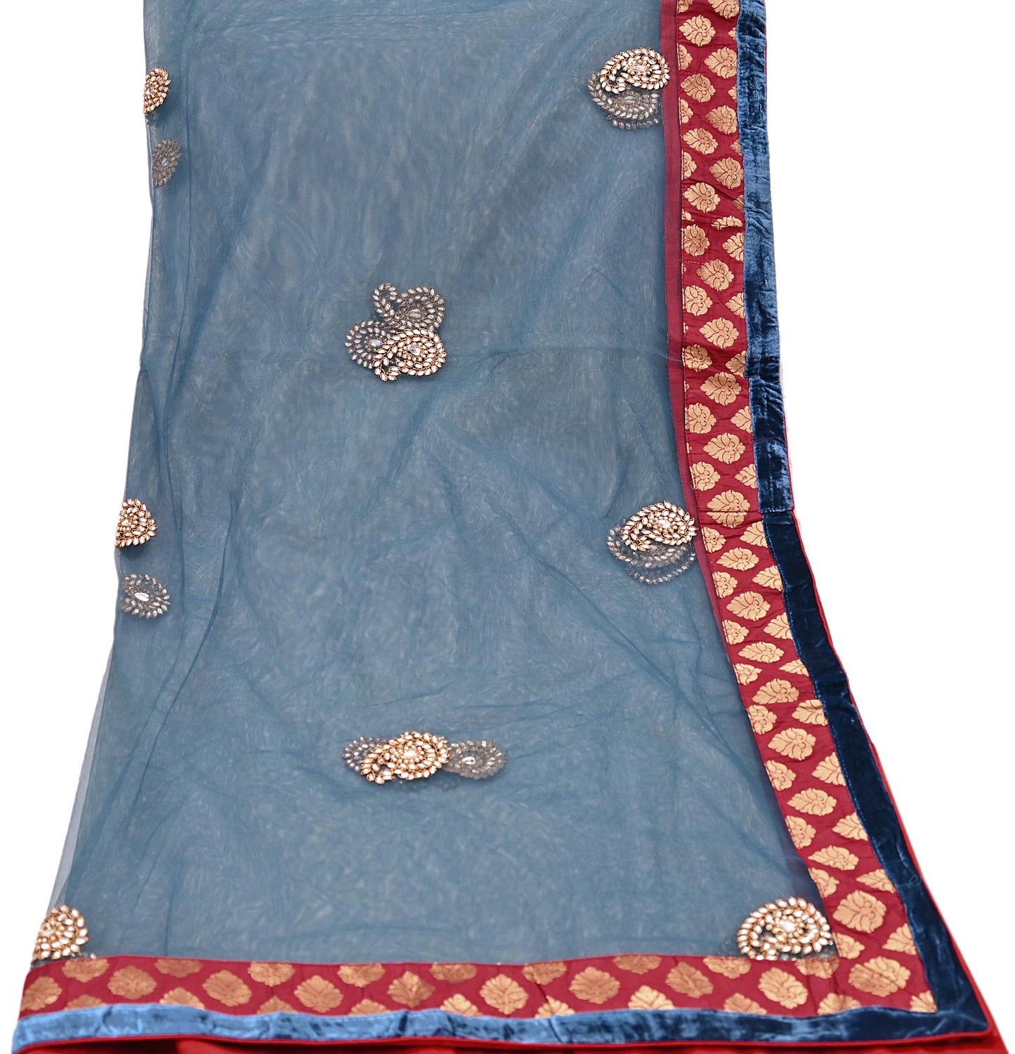 Indian Vintage Heavy Bridal Dupatta Teal Blue Net Mesh Long Stole Hand Embroidered Scarves Wedding/Party Wear