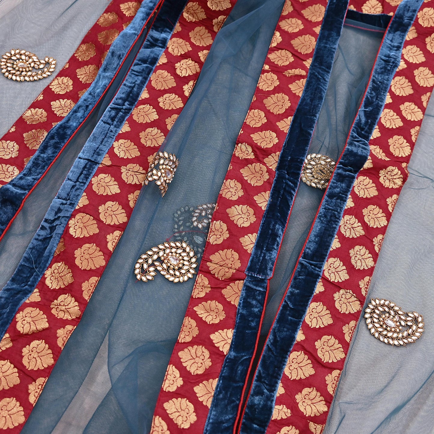 Indian Vintage Heavy Bridal Dupatta Teal Blue Net Mesh Long Stole Hand Embroidered Scarves Wedding/Party Wear