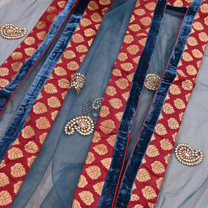 Indian Vintage Heavy Bridal Dupatta Teal Blue Net Mesh Long Stole Hand Embroidered Scarves Wedding/Party Wear