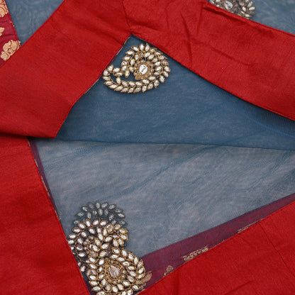 Indian Vintage Heavy Bridal Dupatta Teal Blue Net Mesh Long Stole Hand Embroidered Scarves Wedding/Party Wear