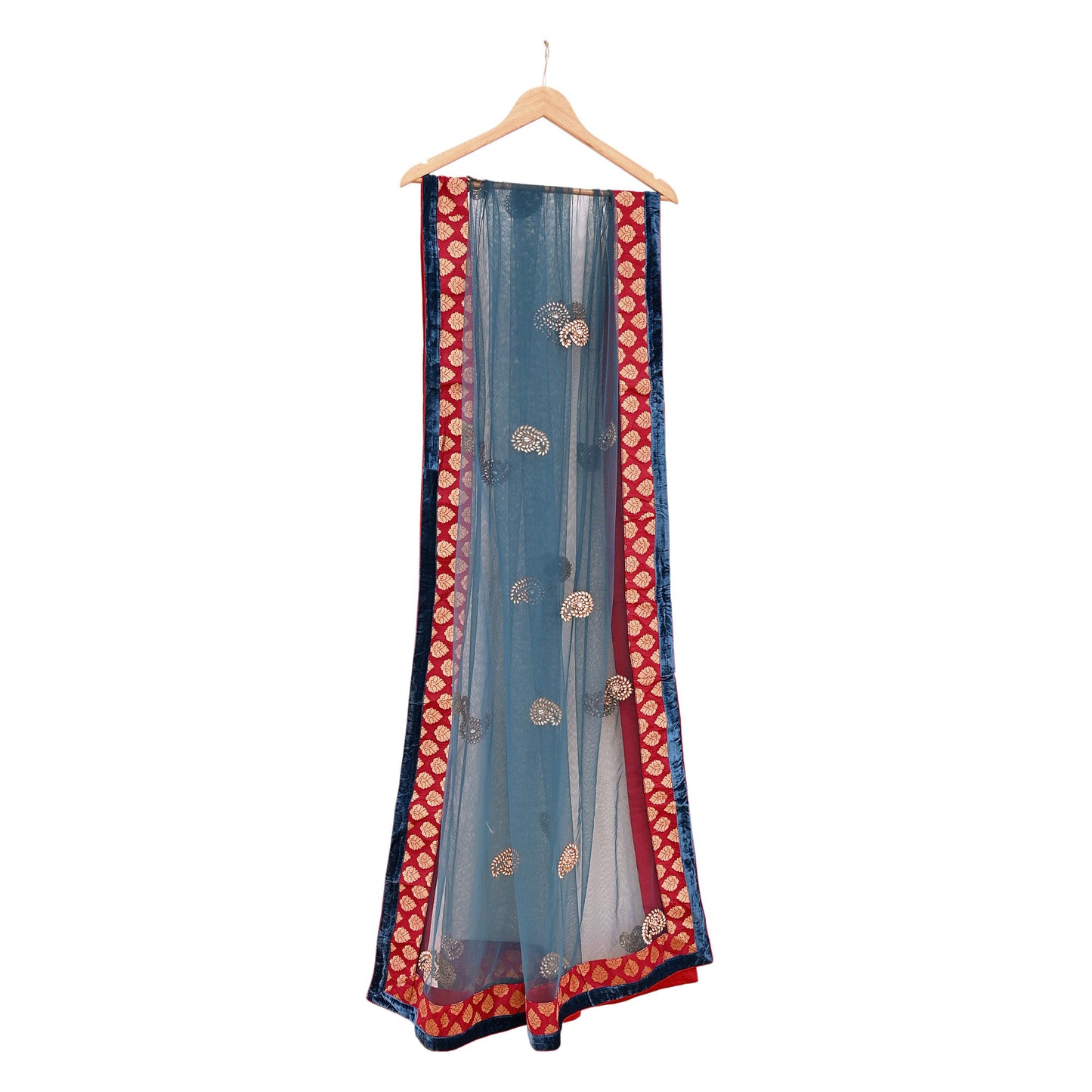 Indian Vintage Heavy Bridal Dupatta Teal Blue Net Mesh Long Stole Hand Embroidered Scarves Wedding/Party Wear
