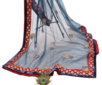 Indian Vintage Heavy Bridal Dupatta Teal Blue Net Mesh Long Stole Hand Embroidered Scarves Wedding/Party Wear