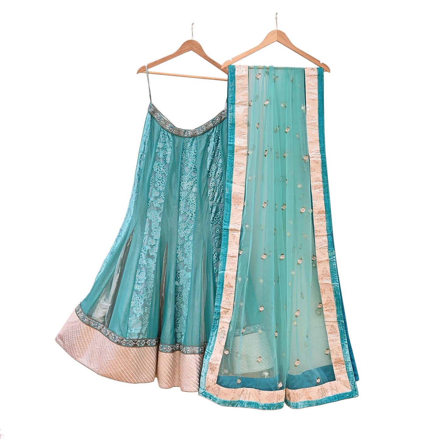 Indian Vintage Green Pure Georgette Silk Net/Mesh Hand Embroidered Lehenga 2pcs Set Bridal Party Wear Dupatta Bollywood Lehenga