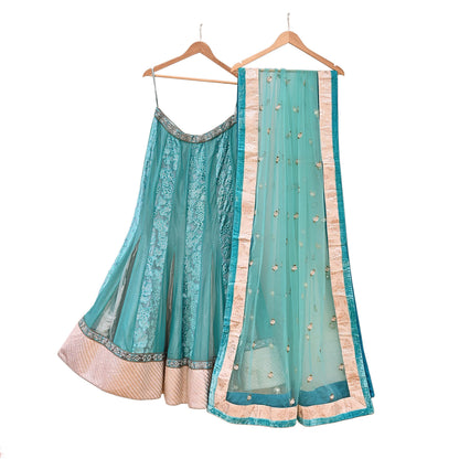 Indian Vintage Green Pure Georgette Silk Net/Mesh Hand Embroidered Lehenga 2pcs Set Bridal Party Wear Dupatta Bollywood Lehenga