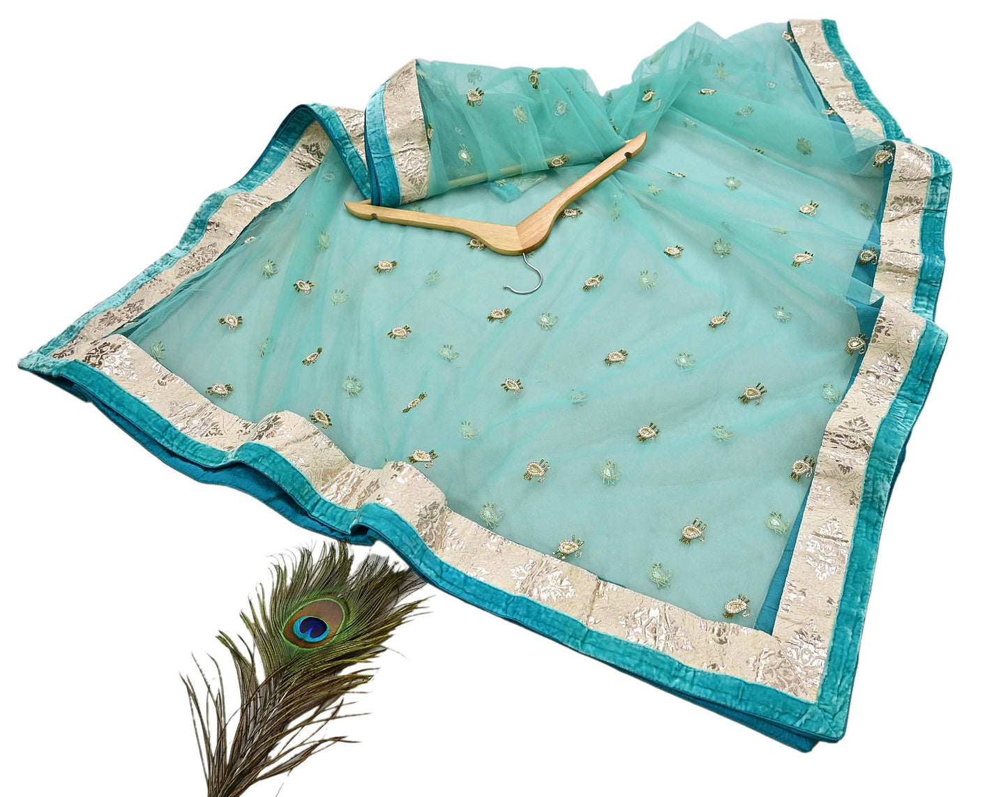 Indian Vintage Green Pure Georgette Silk Net/Mesh Hand Embroidered Lehenga 2pcs Set Bridal Party Wear Dupatta Bollywood Lehenga