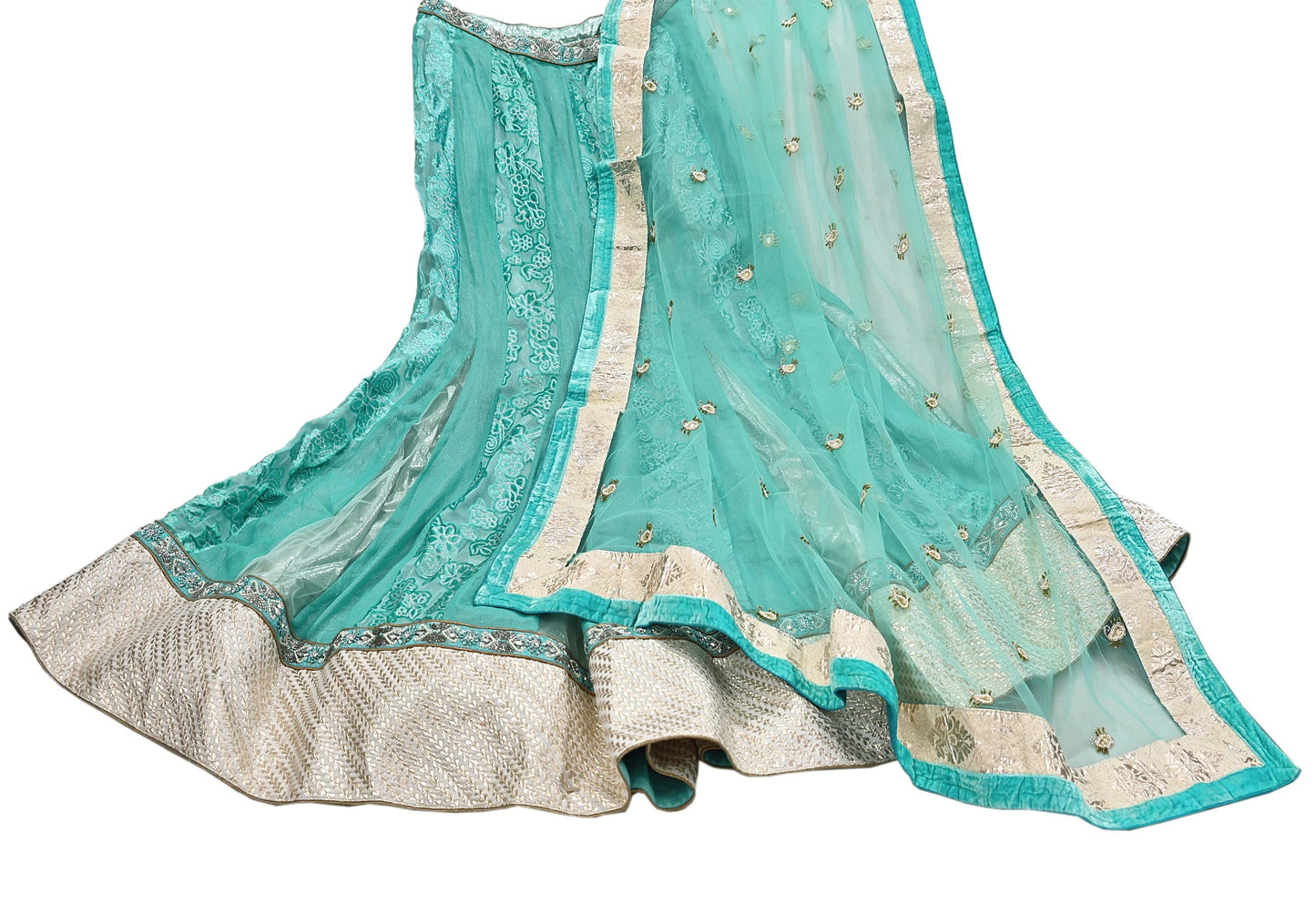 Indian Vintage Green Pure Georgette Silk Net/Mesh Hand Embroidered Lehenga 2pcs Set Bridal Party Wear Dupatta Bollywood Lehenga
