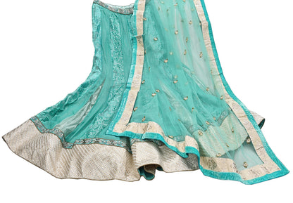 Indian Vintage Green Pure Georgette Silk Net/Mesh Hand Embroidered Lehenga 2pcs Set Bridal Party Wear Dupatta Bollywood Lehenga