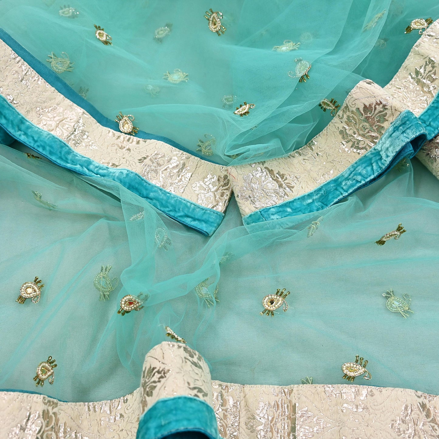 Indian Vintage Green Pure Georgette Silk Net/Mesh Hand Embroidered Lehenga 2pcs Set Bridal Party Wear Dupatta Bollywood Lehenga