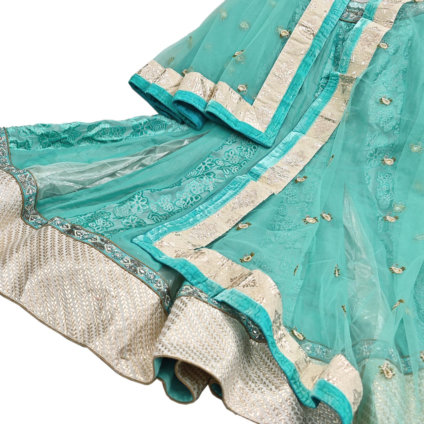 Indian Vintage Green Pure Georgette Silk Net/Mesh Hand Embroidered Lehenga 2pcs Set Bridal Party Wear Dupatta Bollywood Lehenga