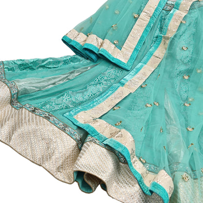 Indian Vintage Green Pure Georgette Silk Net/Mesh Hand Embroidered Lehenga 2pcs Set Bridal Party Wear Dupatta Bollywood Lehenga