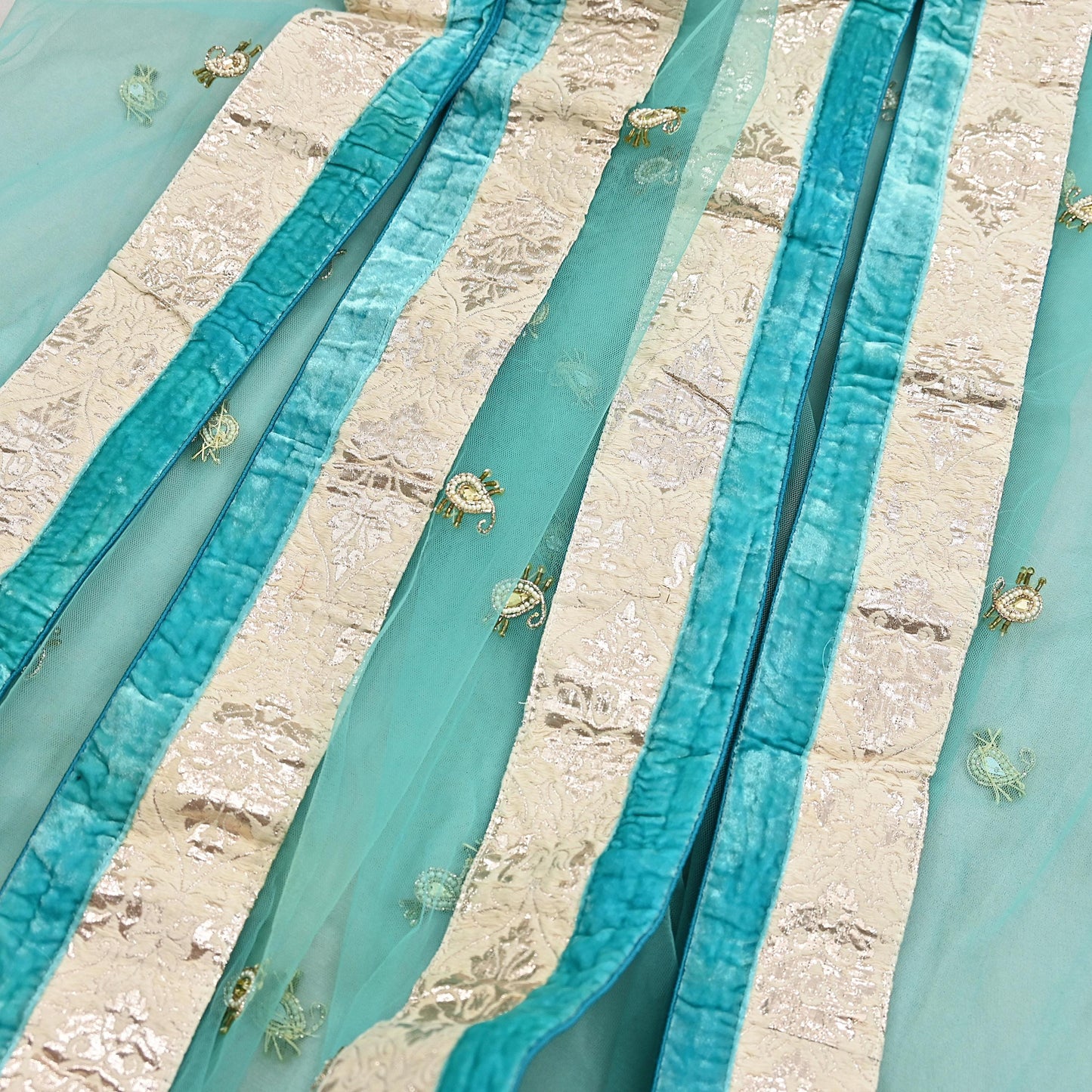 Indian Vintage Heavy Dupatta Green Net Mesh Long Stole Hand Embroidered Scarves Wedding/Party Wear