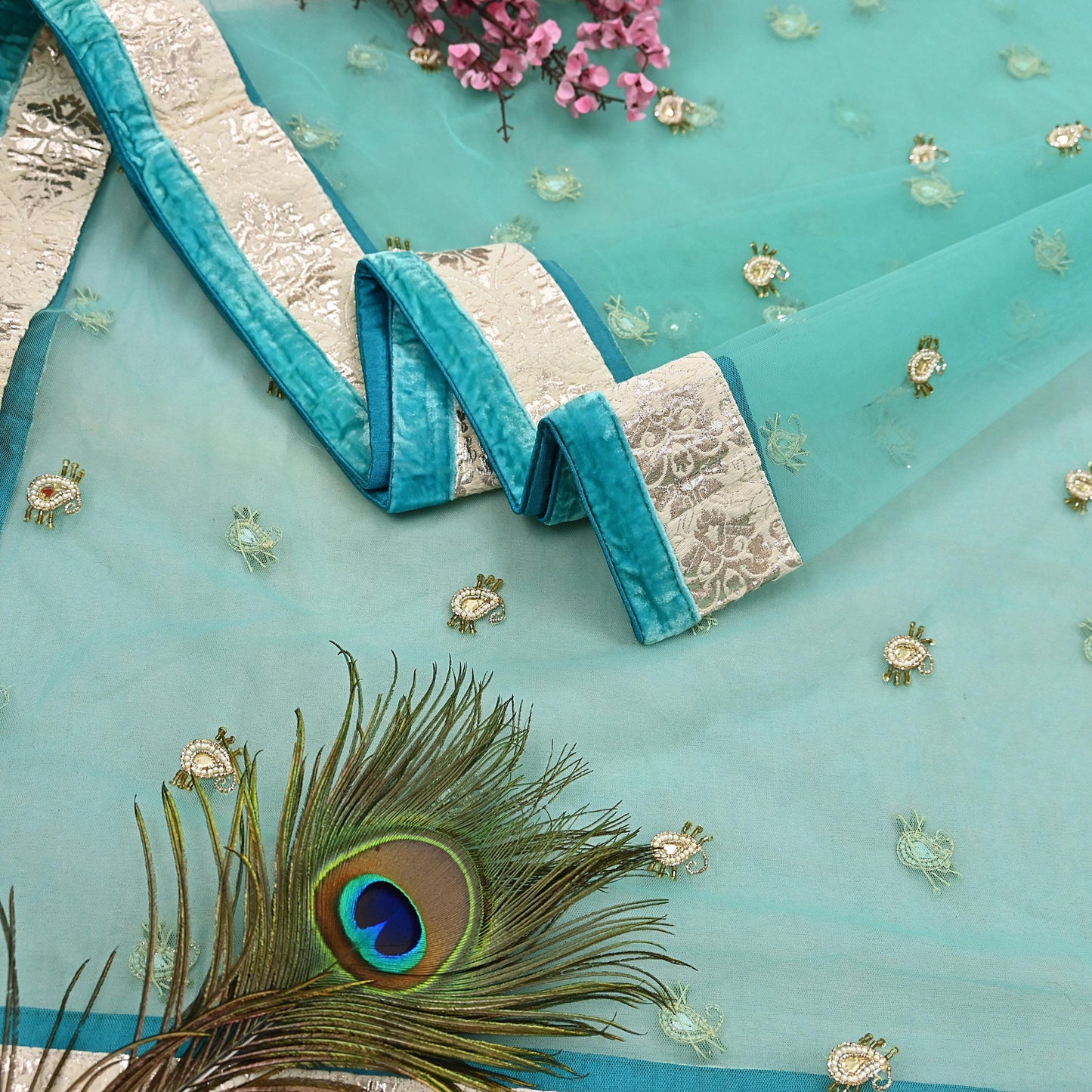 Indian Vintage Heavy Dupatta Green Net Mesh Long Stole Hand Embroidered Scarves Wedding/Party Wear