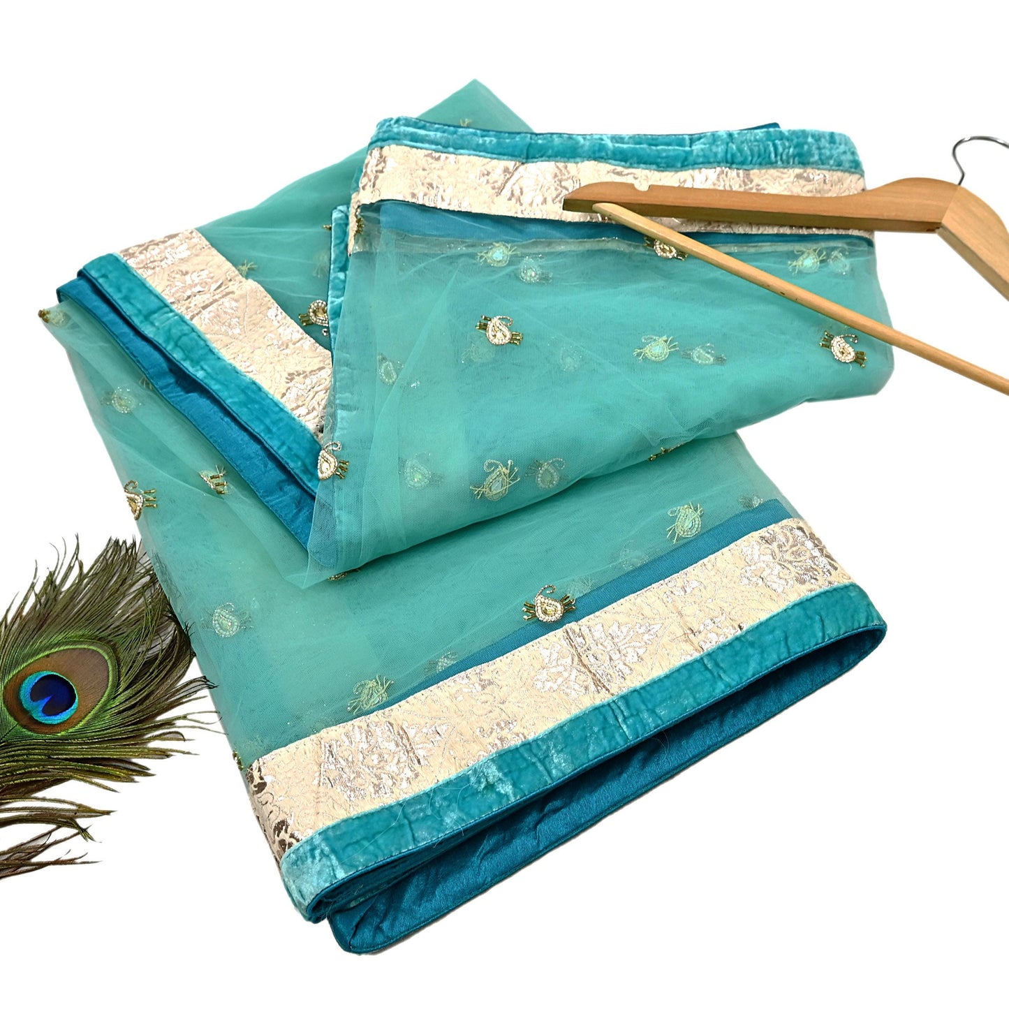 Indian Vintage Heavy Dupatta Green Net Mesh Long Stole Hand Embroidered Scarves Wedding/Party Wear