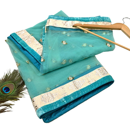 Indian Vintage Heavy Dupatta Green Net Mesh Long Stole Hand Embroidered Scarves Wedding/Party Wear