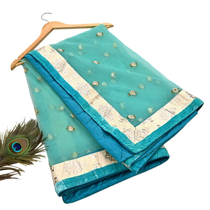 Indian Vintage Heavy Dupatta Green Net Mesh Long Stole Hand Embroidered Scarves Wedding/Party Wear
