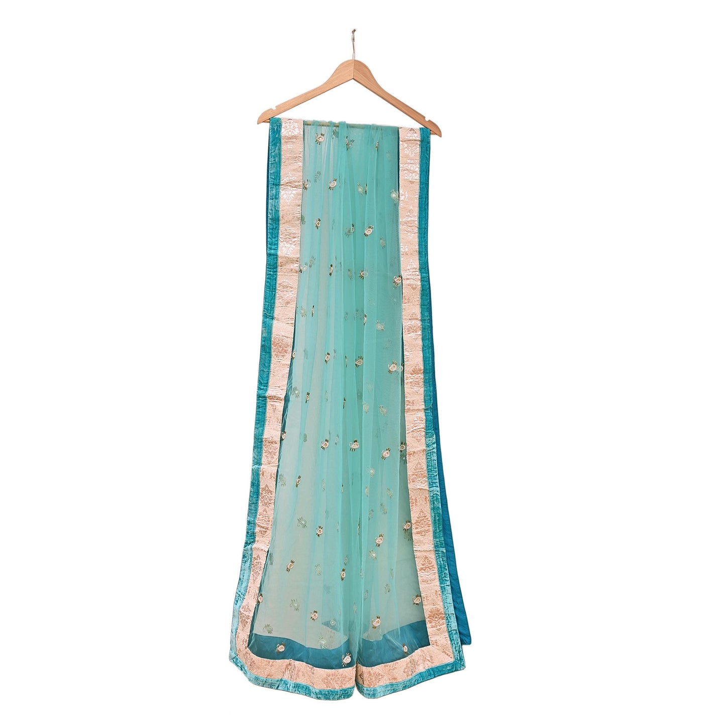 Indian Vintage Heavy Dupatta Green Net Mesh Long Stole Hand Embroidered Scarves Wedding/Party Wear