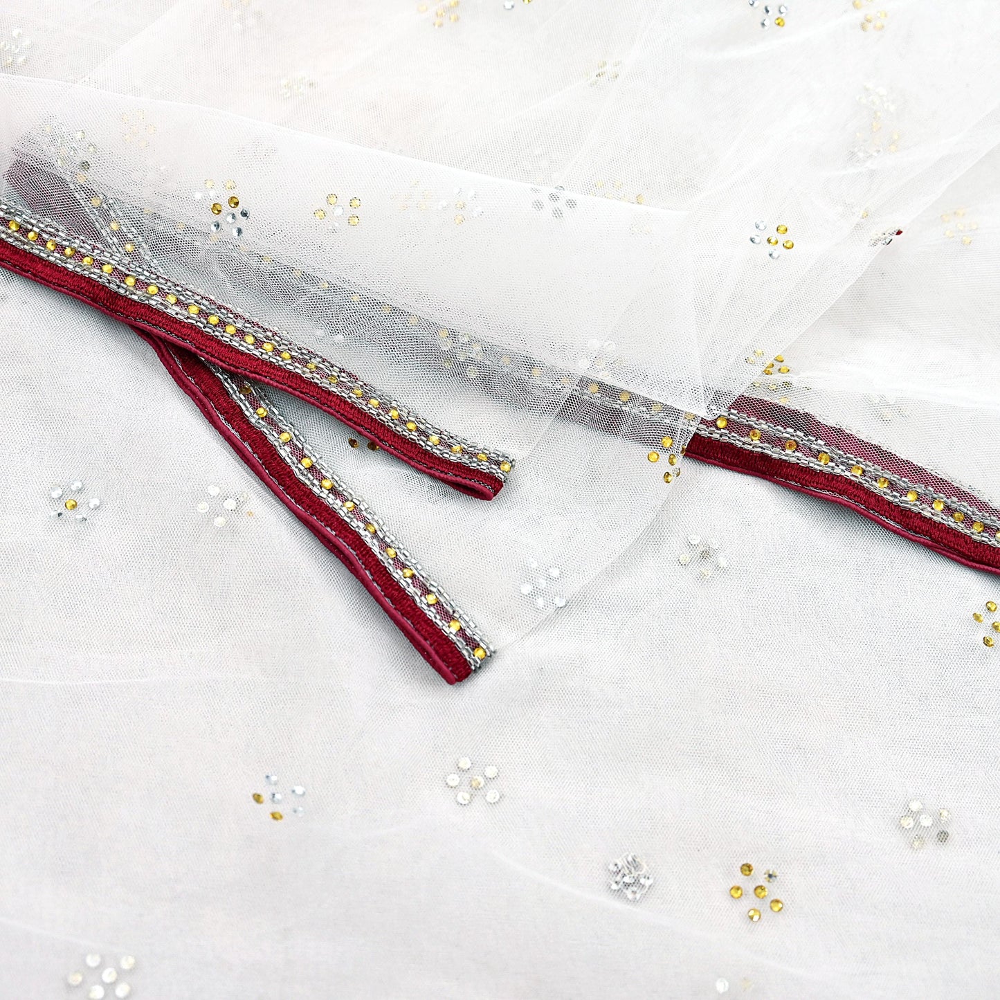 Indian Vintage Heavy Bridal Dupatta White Net Mesh Long Stole Hand Embroidered Scarves  Patti Wedding/Party Wear