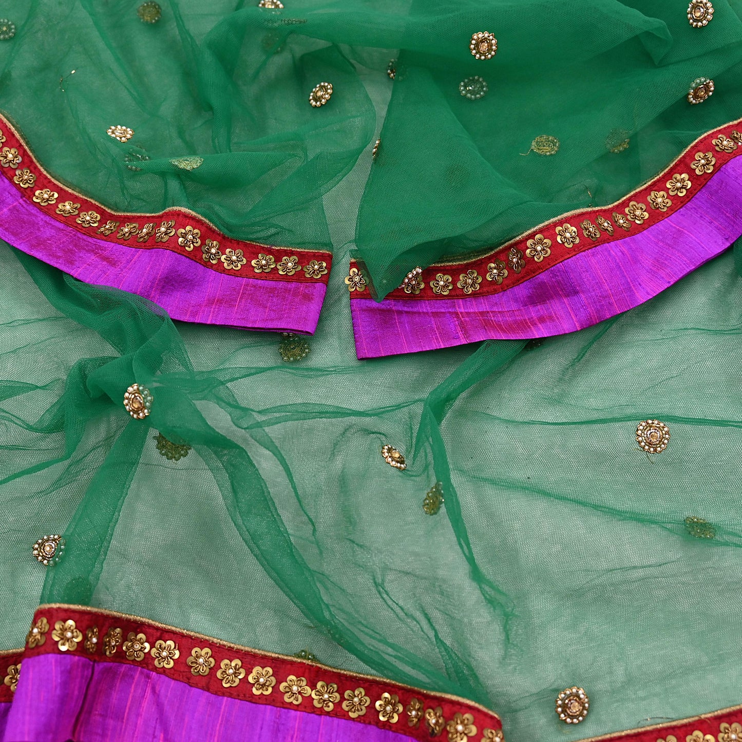 Indian Vintage Heavy Bridal Dupatta Green Net Mesh Long Stole Hand Embroidered Scarves  Patti Wedding/Party Wear