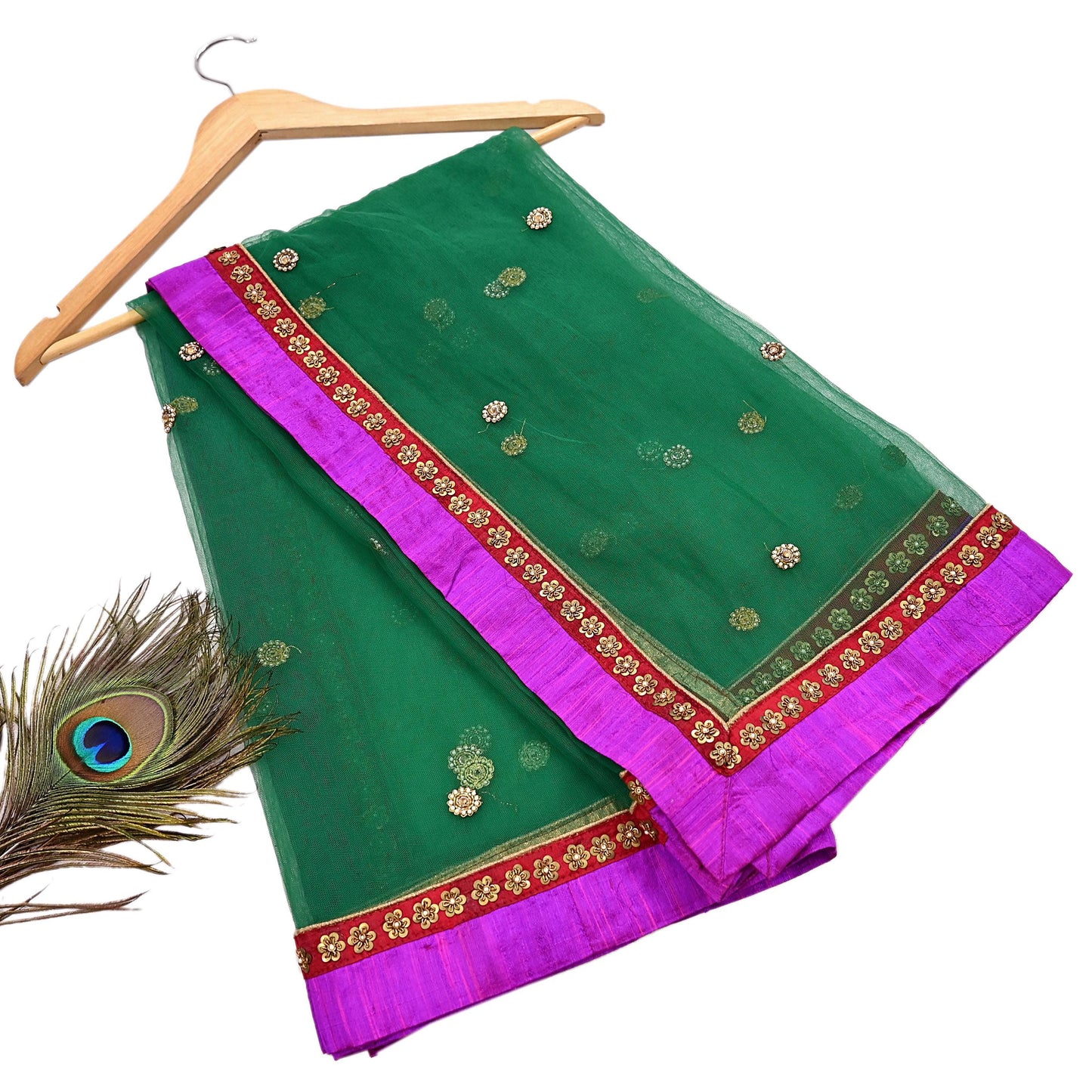 Indian Vintage Heavy Bridal Dupatta Green Net Mesh Long Stole Hand Embroidered Scarves  Patti Wedding/Party Wear