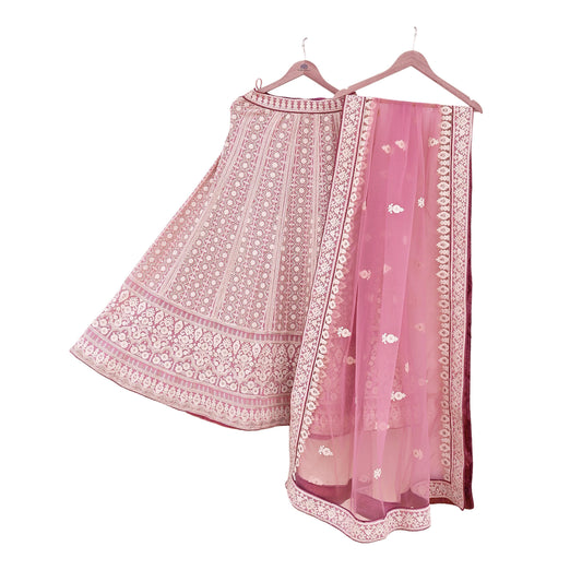 Indian Vintage Pink Pure Georgette Silk Net/Mesh Embroidered Lehenga 2pcs Set Bridal Party Wear Dupatta Bollywood Lehenga