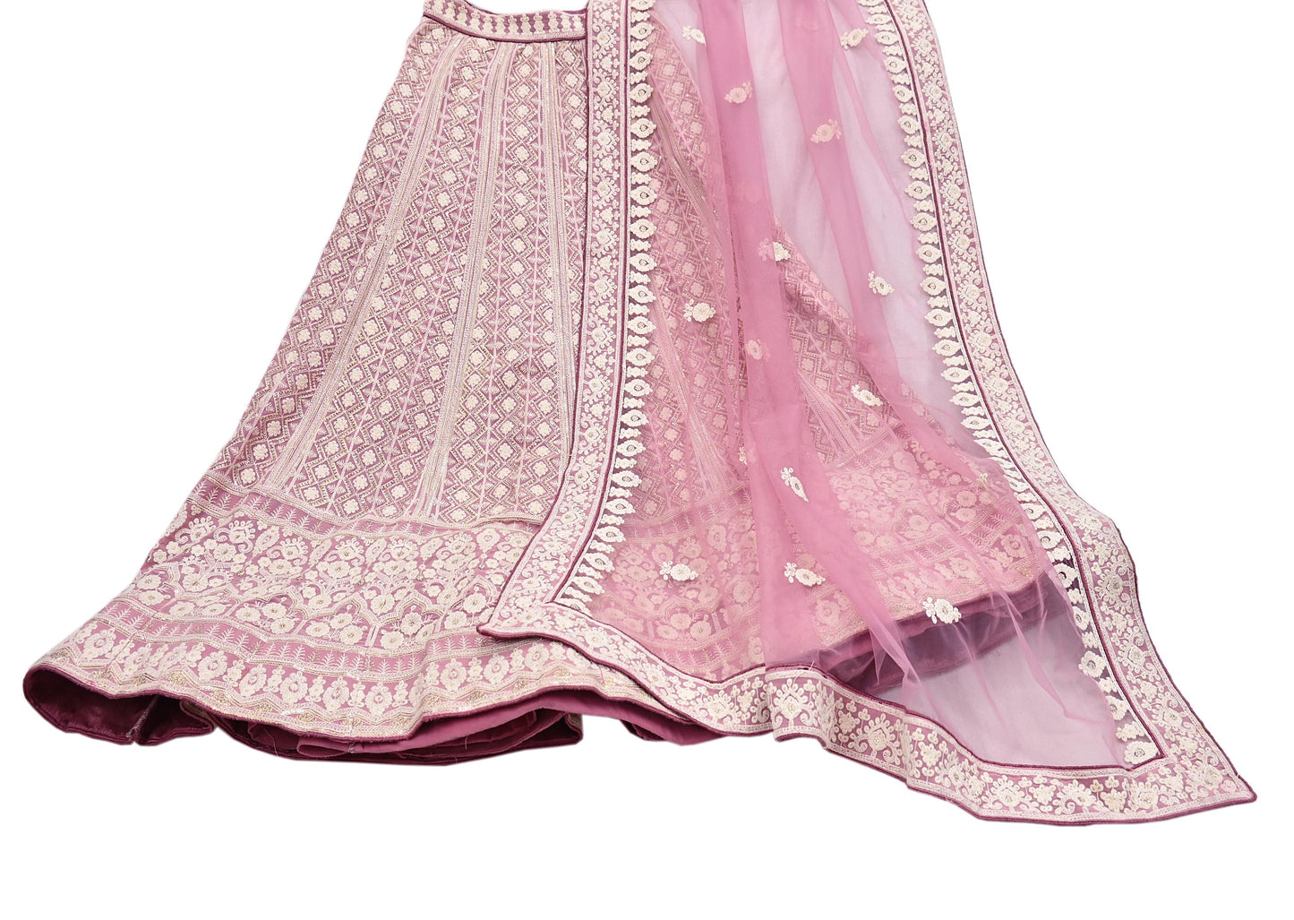 Indian Vintage Pink Pure Georgette Silk Net/Mesh Embroidered Lehenga 2pcs Set Bridal Party Wear Dupatta Bollywood Lehenga