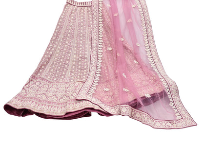 Indian Vintage Pink Pure Georgette Silk Net/Mesh Embroidered Lehenga 2pcs Set Bridal Party Wear Dupatta Bollywood Lehenga