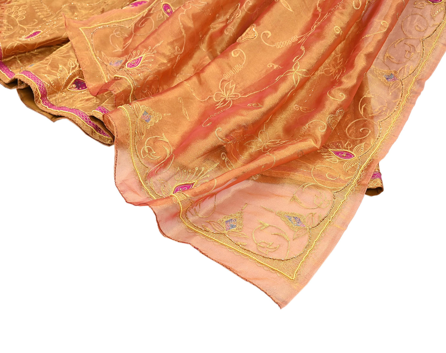 Indian Vintage Heavy Golden Pure Tissue Silk Hand Embroidered Lehenga/Dupatta party Wear Zardozi/ Dabka, Zari