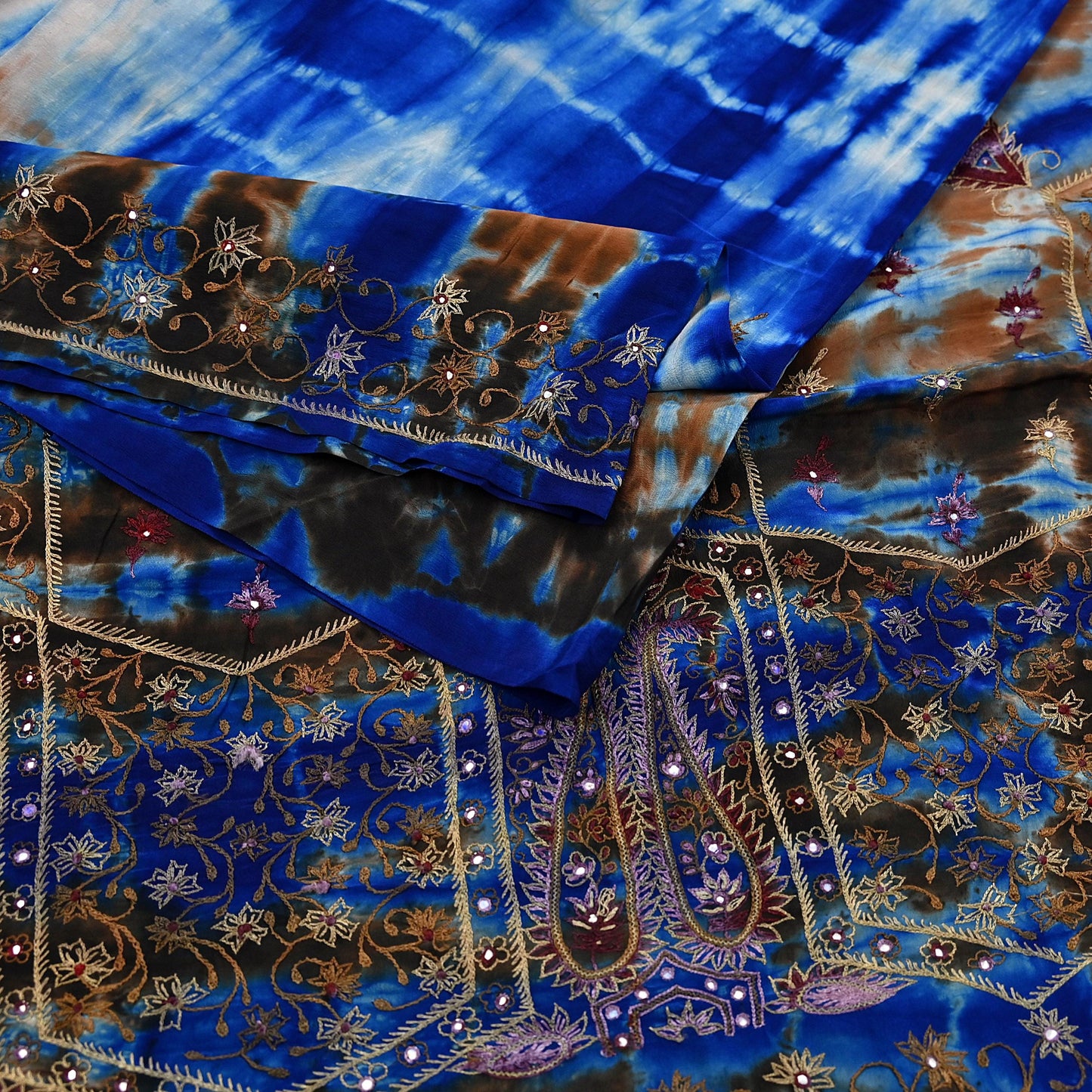 Indian Vintage Saree Pure Crepe Silk Hand Embroidered Tie-Dye Sari Fabric 6yard Sewing Craft Fabric Ethnic Dressmaking Crafting Zardozi Zari