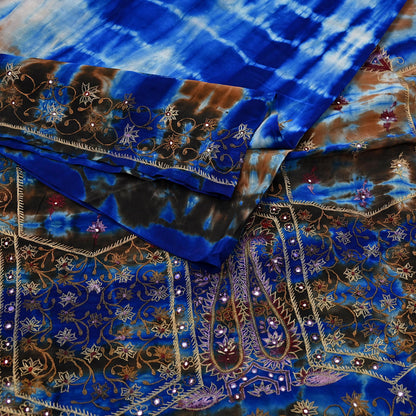 Indian Vintage Saree Pure Crepe Silk Hand Embroidered Tie-Dye Sari Fabric 6yard Sewing Craft Fabric Ethnic Dressmaking Crafting Zardozi Zari