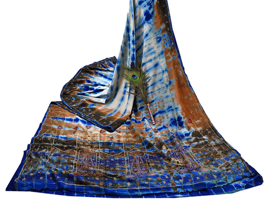 Indian Vintage Saree Pure Crepe Silk Hand Embroidered Tie-Dye Sari Fabric 6yard Sewing Craft Fabric Ethnic Dressmaking Crafting Zardozi Zari