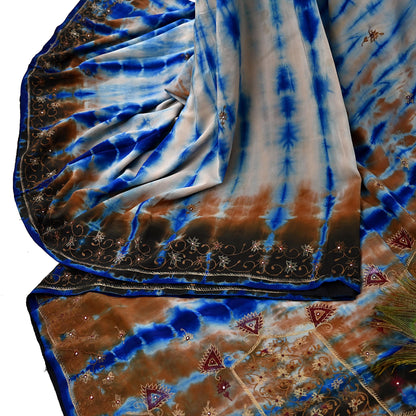Indian Vintage Saree Pure Crepe Silk Hand Embroidered Tie-Dye Sari Fabric 6yard Sewing Craft Fabric Ethnic Dressmaking Crafting Zardozi Zari