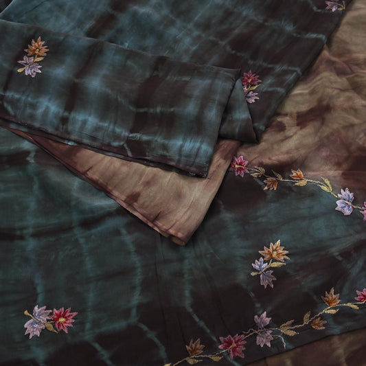 Indian Vintage Saree Brown & Green Pure Crepe Silk Tie-Dye Embroidered Sari Fabric 5yard Sewing Floral Soft Zari