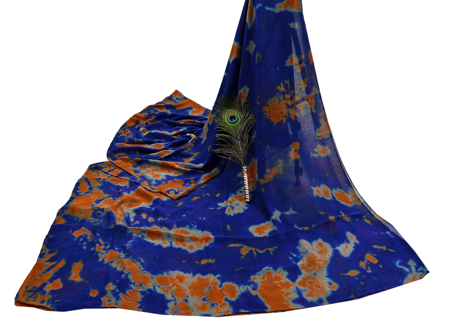 Indian Vintage Orange & Blue Saree Pure Georgette Silk Leheria Tie-dye Printed Sari Craft Fabric Sewing 5Yard Soft Light Sari Dress Making