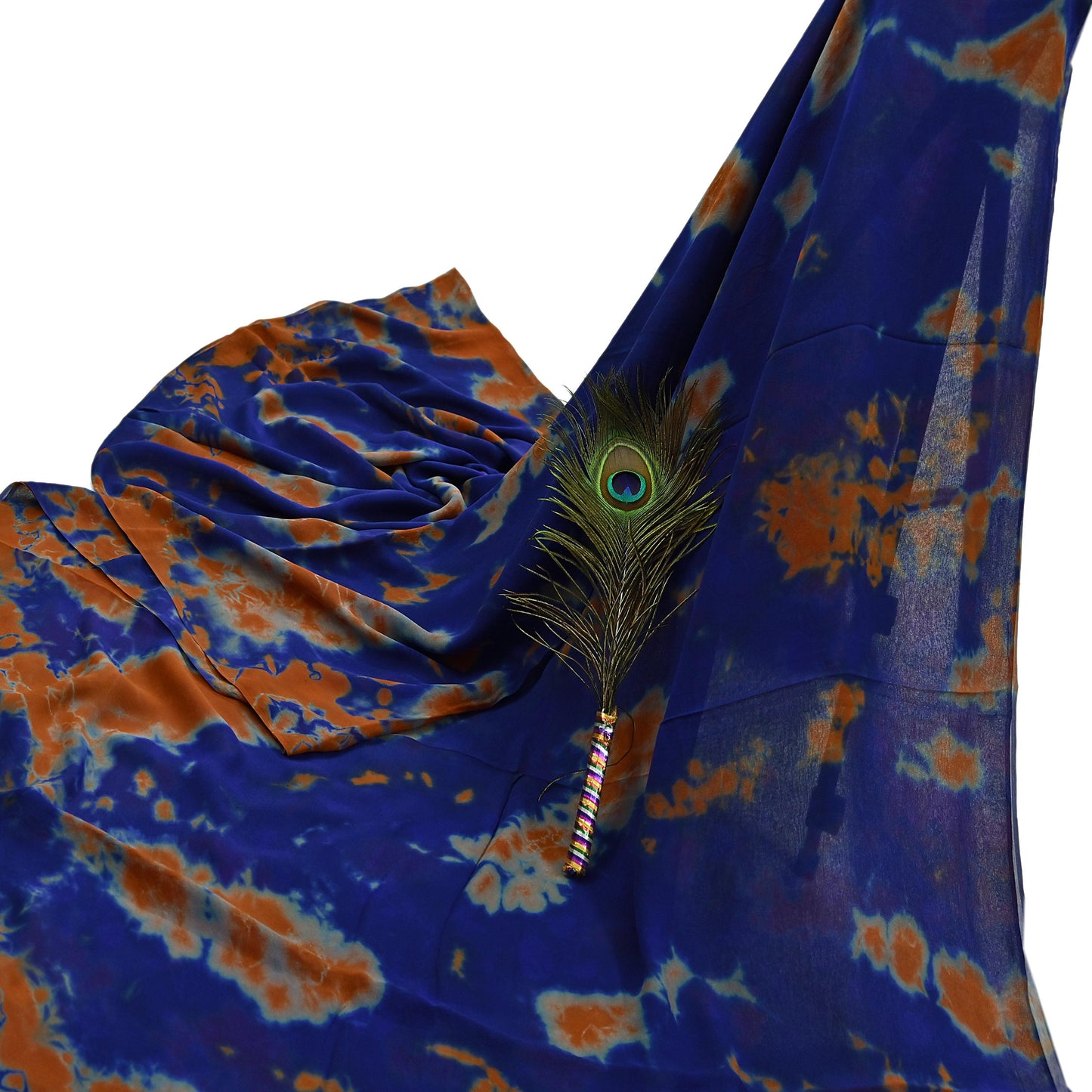 Indian Vintage Orange & Blue Saree Pure Georgette Silk Leheria Tie-dye Printed Sari Craft Fabric Sewing 5Yard Soft Light Sari Dress Making