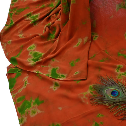 Indian Vintage orange & Green Saree Pure Georgette Silk Leheria Tie-dye Printed Sari Craft Fabric Sewing 5Yard Soft Light Sari Dress Making