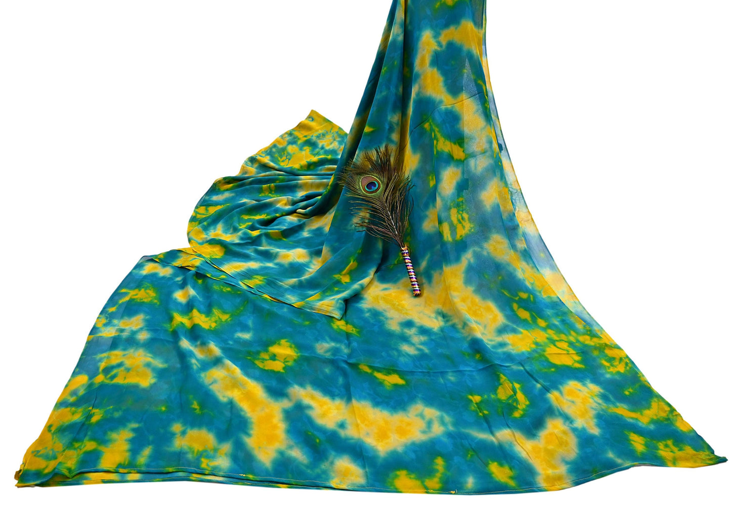 Indian Vintage Green & yellow Saree Pure Georgette Silk Leheria Tie-dye Printed Sari Craft Fabric Sewing 5Yard Soft Light Sari Dress Making