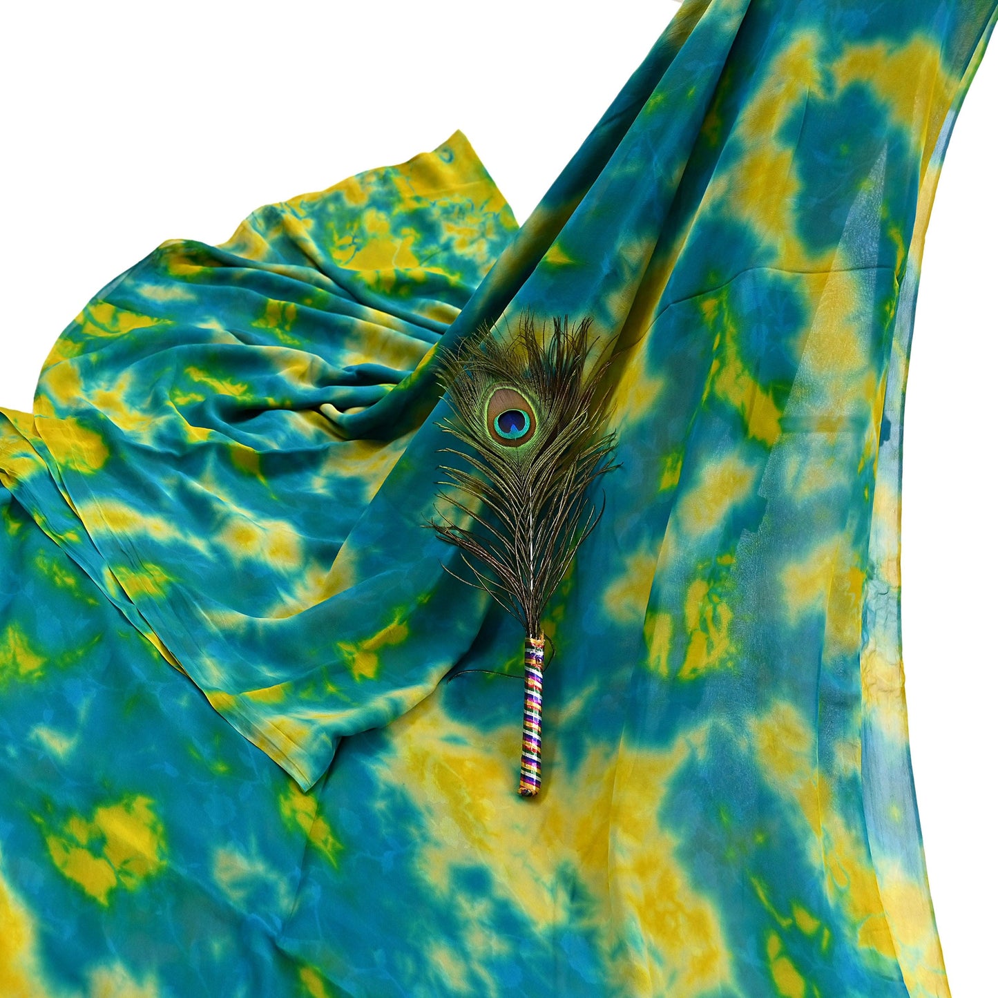 Indian Vintage Green & yellow Saree Pure Georgette Silk Leheria Tie-dye Printed Sari Craft Fabric Sewing 5Yard Soft Light Sari Dress Making