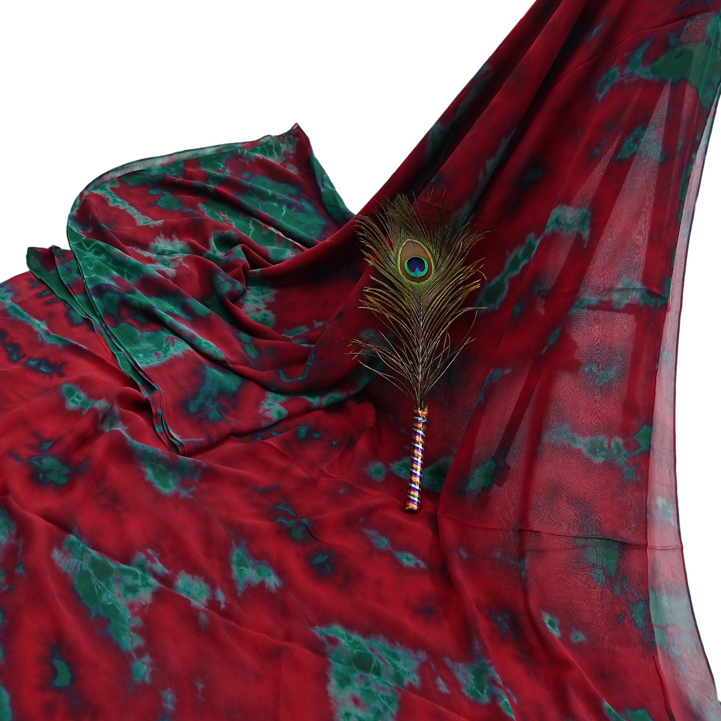Indian Vintage Green & Red Saree Pure Georgette Silk Leheria Tie-dye Printed Sari Craft Fabric Sewing 5Yard Soft Light Sari Dress Making