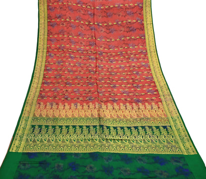 Indian Vintage Green & Orange Heavy Wedding Saree Pure Satin Silk Woven Brocade Banarasi Sarees Sari Fabric Golden Zari 5Yd