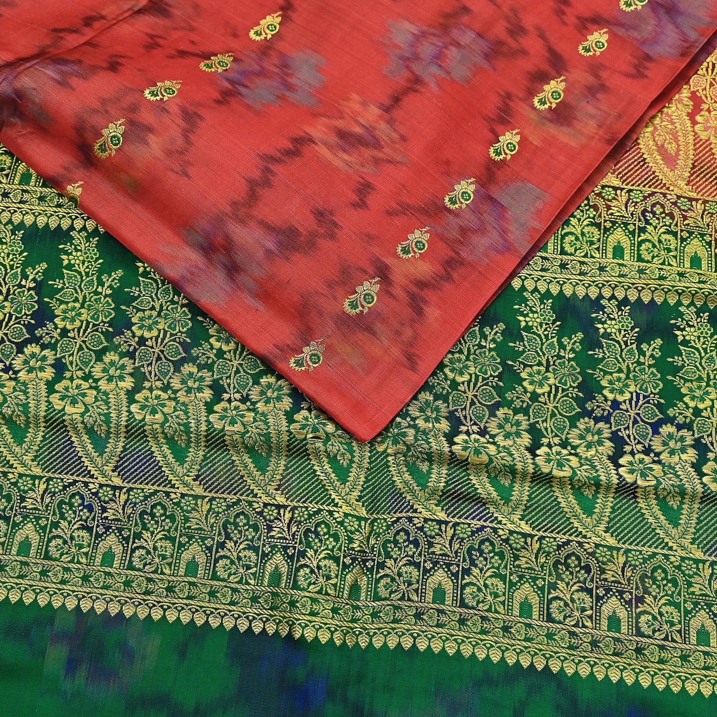 Indian Vintage Green & Orange Heavy Wedding Saree Pure Satin Silk Woven Brocade Banarasi Sarees Sari Fabric Golden Zari 5Yd
